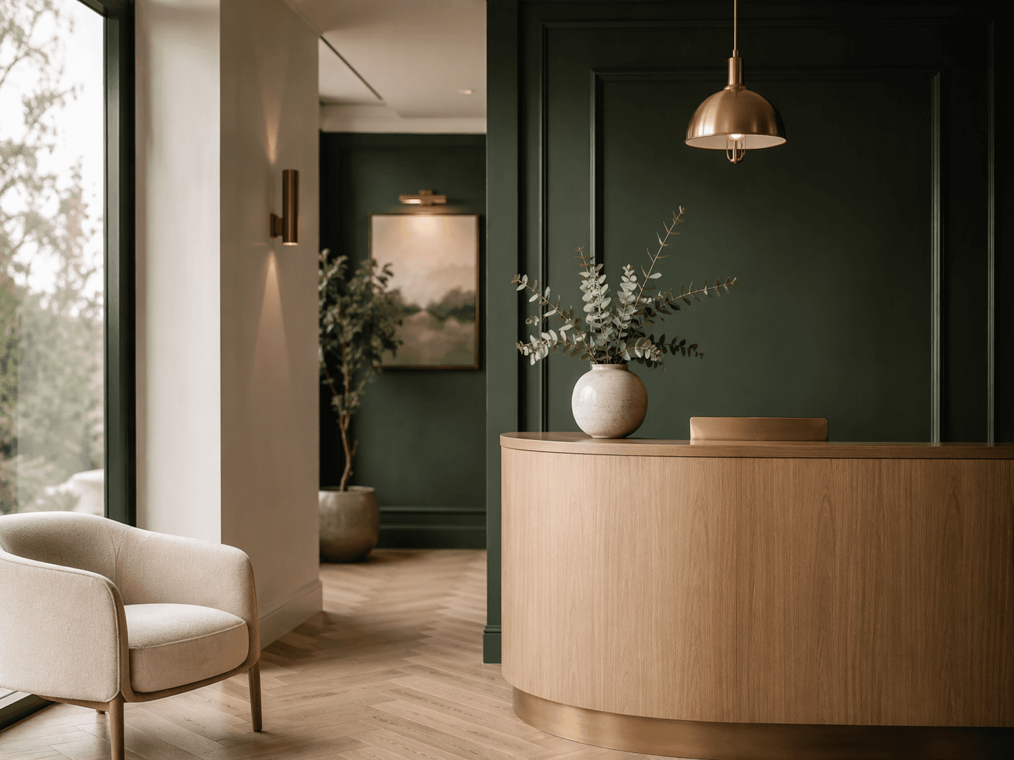 The reception at Barton Springs Dental, with forest green panelling and warm oak